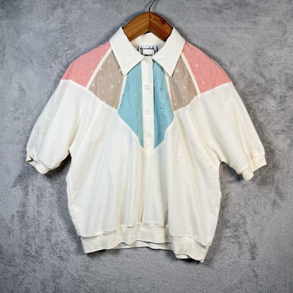Teddi Blouse Womens L Pink Blue White Color Block Embroidered Vintage Oversized